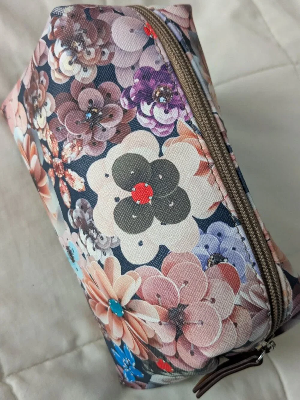 Stella & Dot Cosmetic Travel Pouf Pouch Floral Coquette Print Vegan Leather